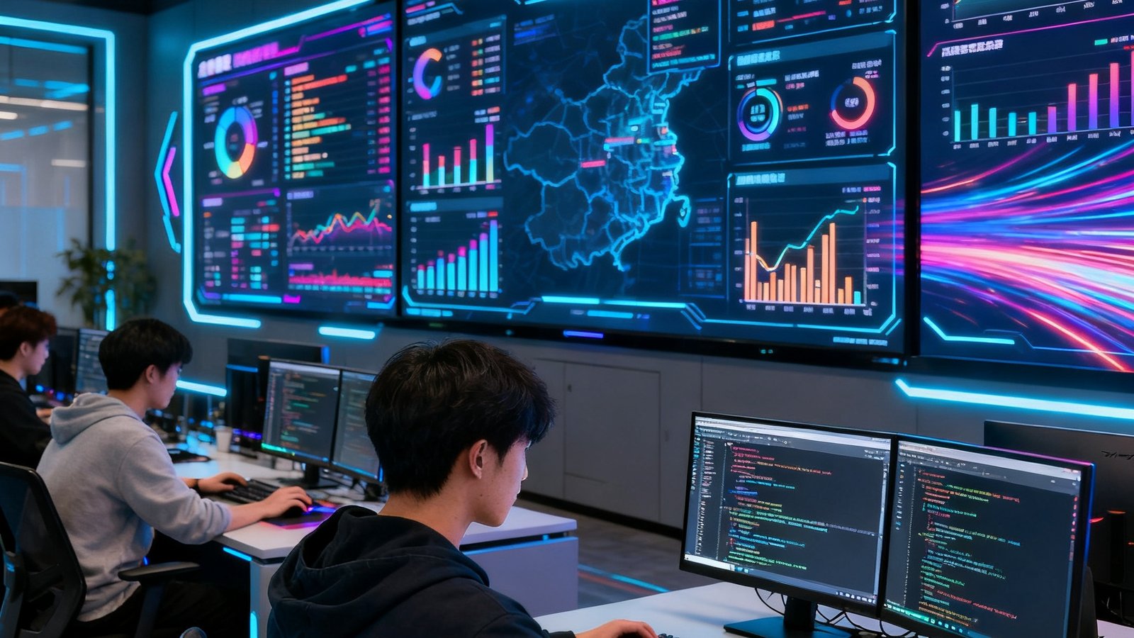竞技宝上海总部开放式办公区域，背景墙上排列着多块超大电竞数据监控屏幕，实时滚动显示全球赛事数据与用户活跃度指标，年轻的技术团队成员正在工位上专注工作