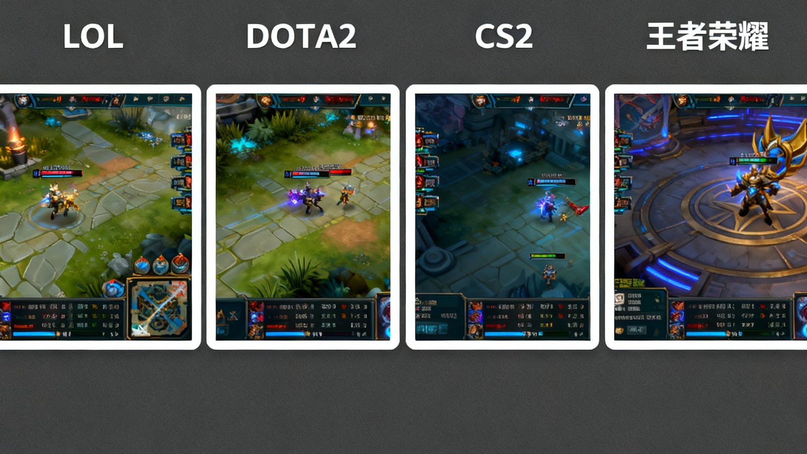 竞技宝多路同屏直播功能界面，四块分屏同时播放LOL、DOTA2、CS2和王者荣耀的实时比赛画面，底部显示各场比赛的实时数据面板