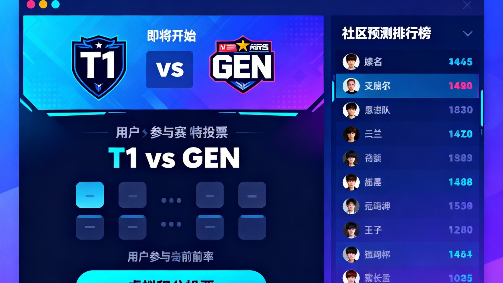 竞技宝社区预测赛活动界面，显示一场即将开始的LCK比赛对阵双方，用户可通过虚拟积分参与赛前胜率投票，右侧滚动展示社区预测排行榜